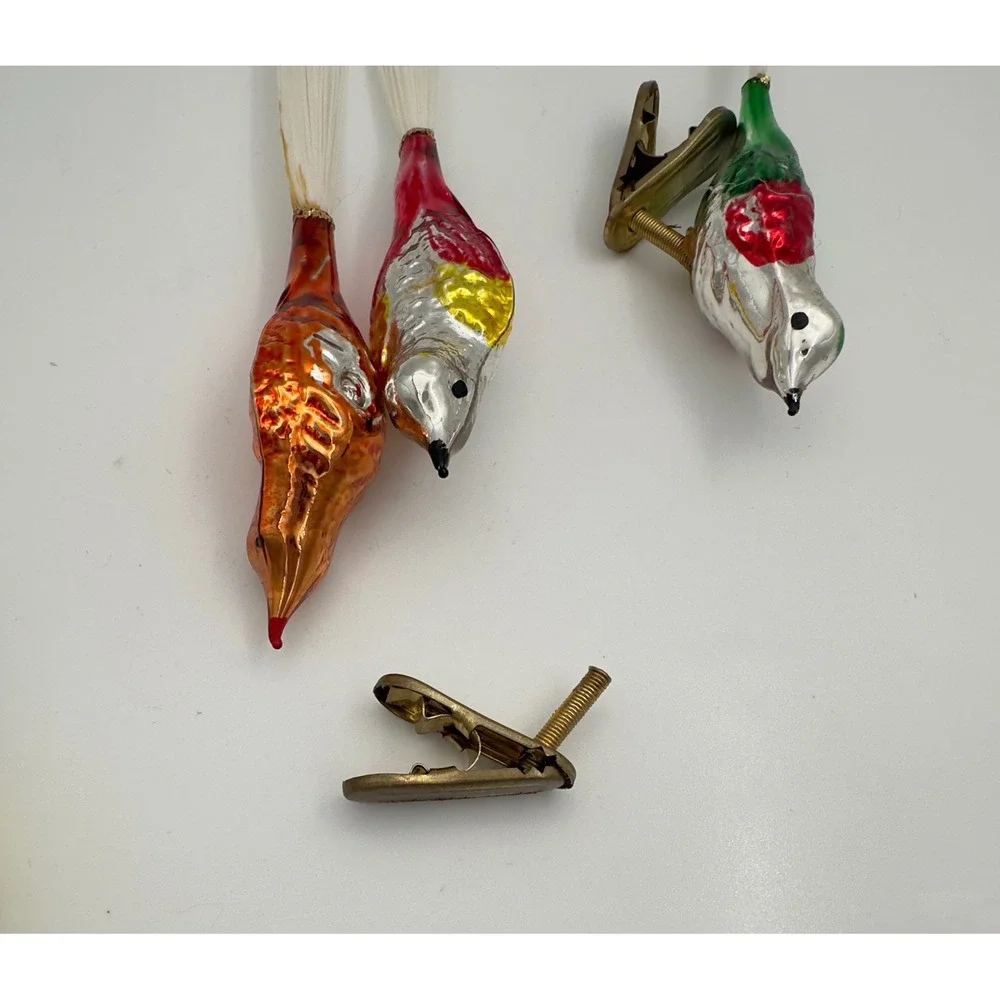Vintage Mercury Glass Bird Christmas Ornaments Tails Set of 5 - 2 missing clips